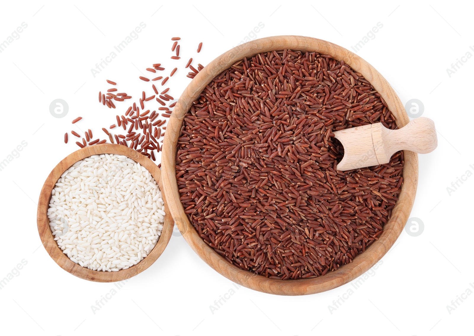 Photo of Bowls with different sorts of rice isolated on white, top view