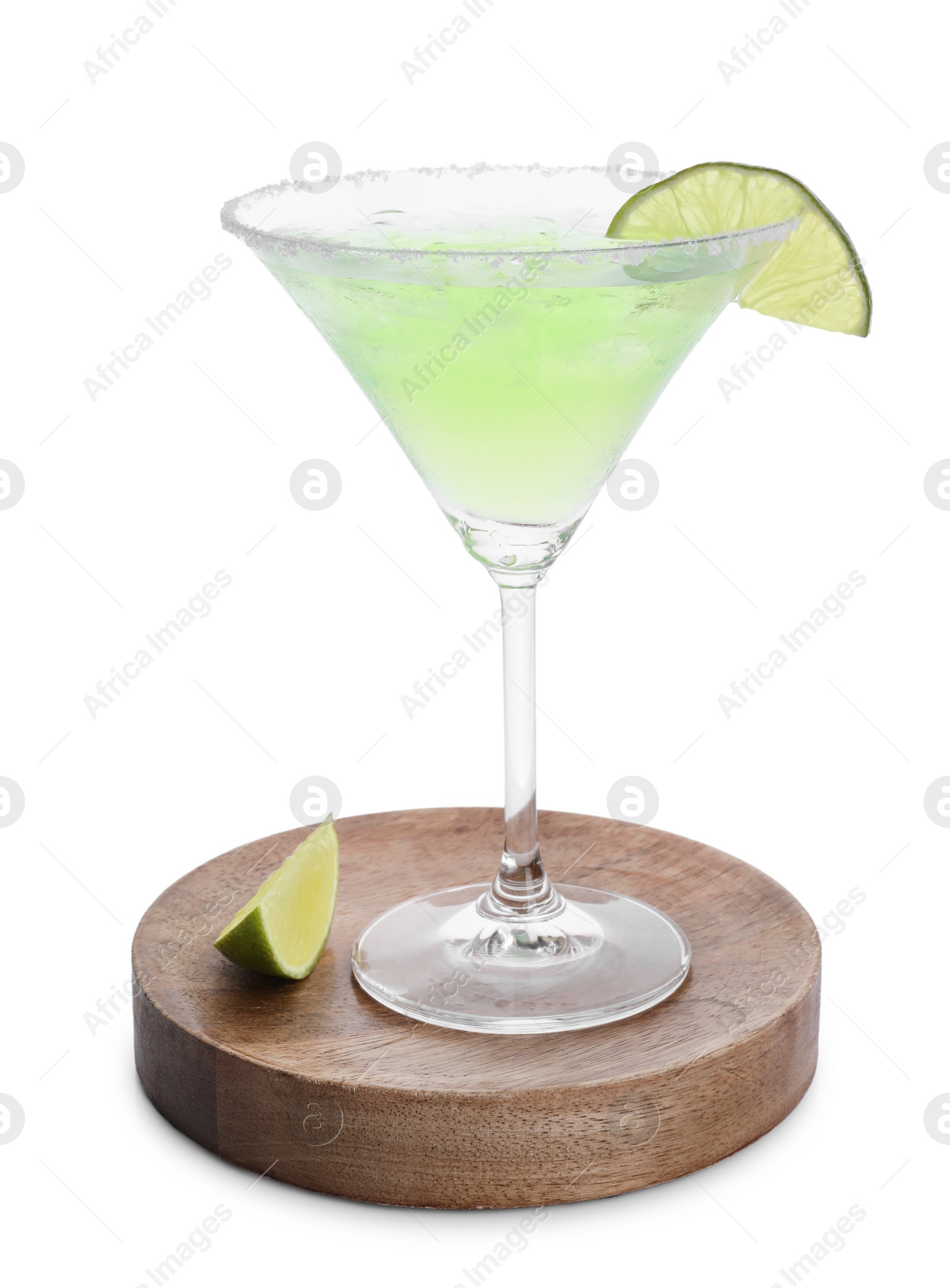 Photo of Delicious Margarita cocktail in glass and lime isolated on white