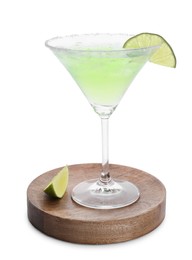 Photo of Delicious Margarita cocktail in glass and lime isolated on white