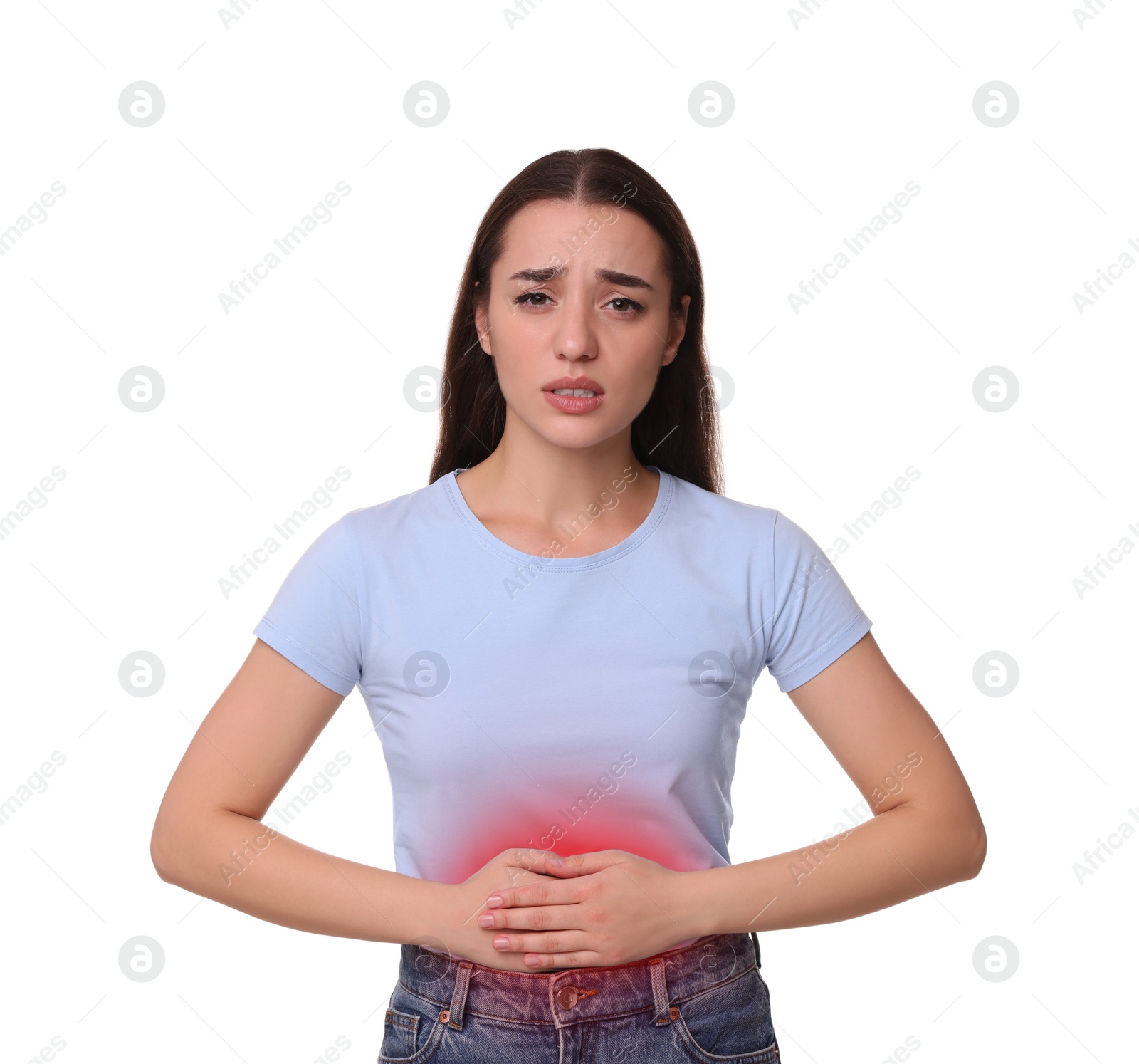 Image of Woman suffering from stomach pain on white background