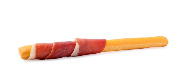 Photo of Delicious grissini stick with prosciutto isolated on white