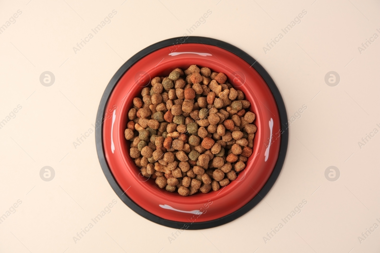 Photo of Dry dog food in feeding bowl on beige background, top view