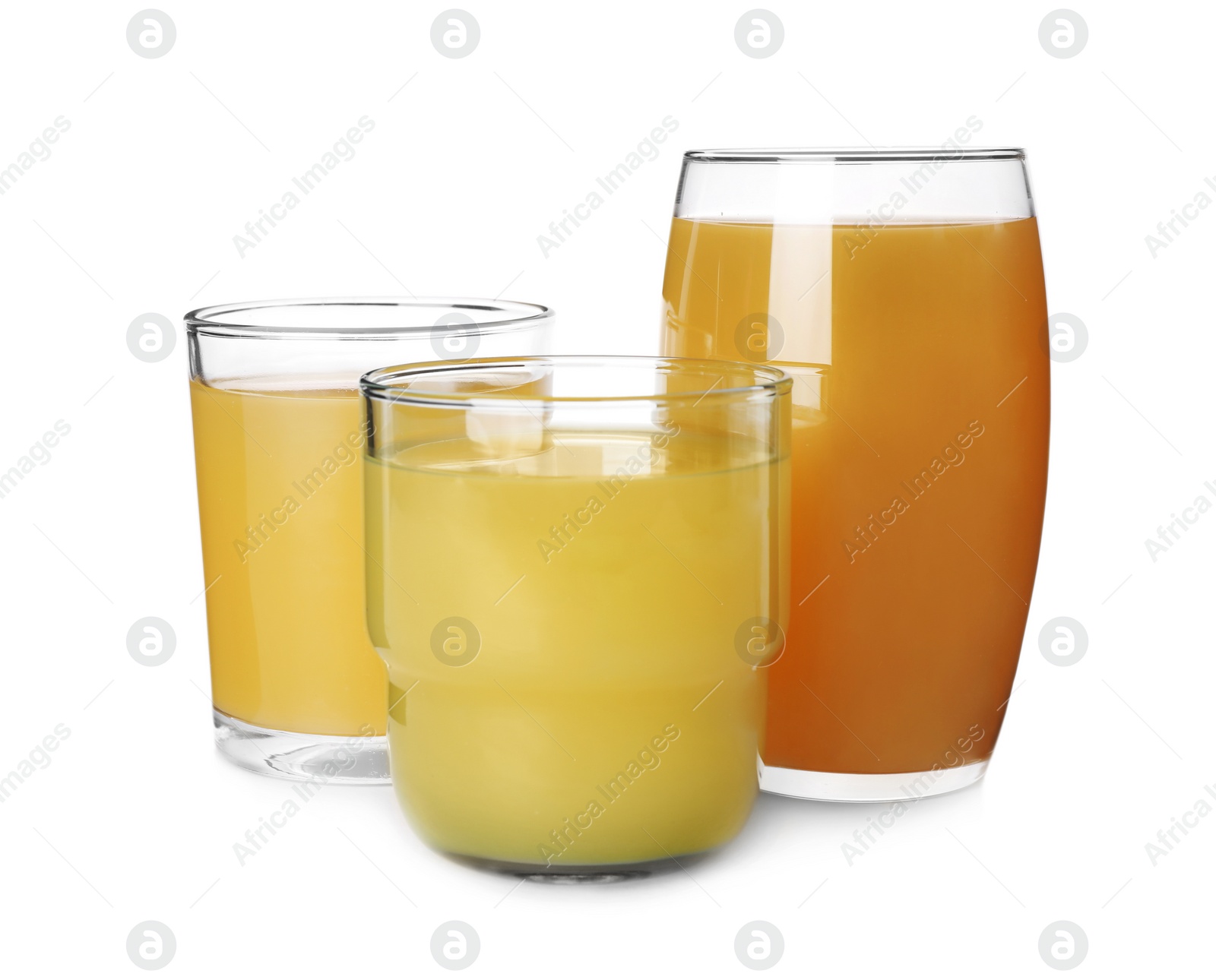 Photo of Glasses of delicious juice isolated on white
