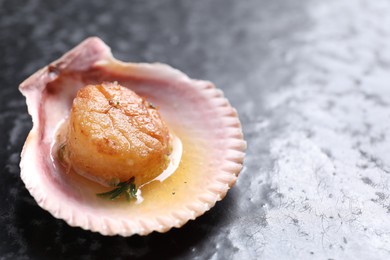 Delicious fried scallop in shell on black table, closeup. Space for text