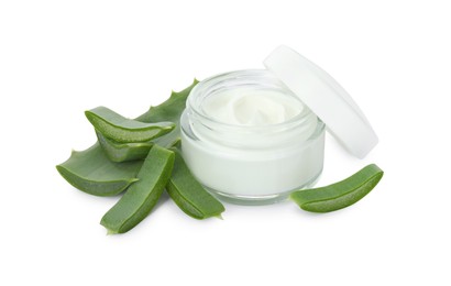 Jar of natural cream and cut aloe leaves isolated on white