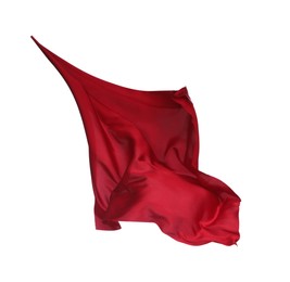 Photo of Beautiful delicate burgundy silk floating on white background