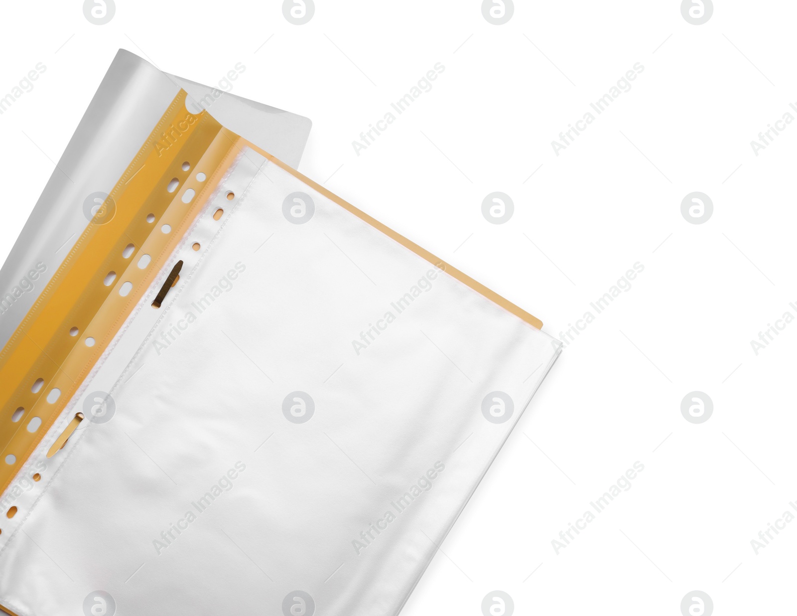 Photo of File folder with punched pockets on light grey background, top view. Space for text