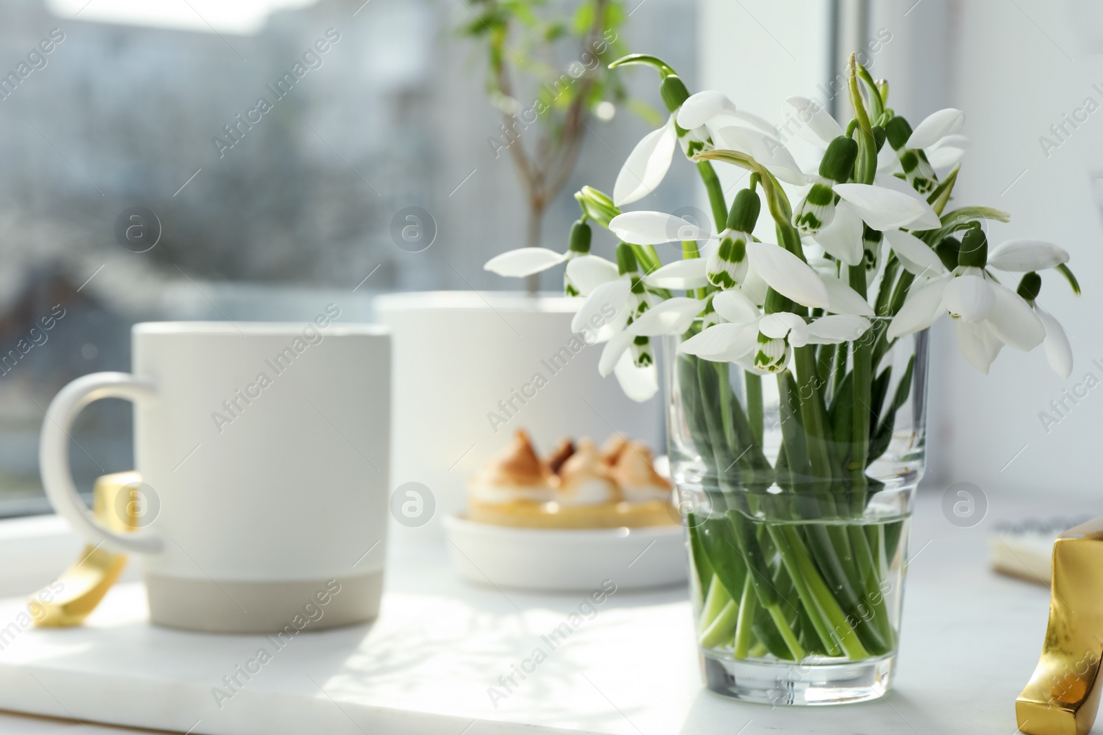 Photo of Beautiful snowdrops, cup of drink and dessert on white tray near window. Space for text