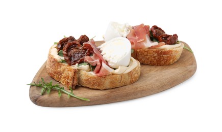 Photo of Delicious sandwiches with burrata cheese, ham and sun-dried tomatoes isolated on white