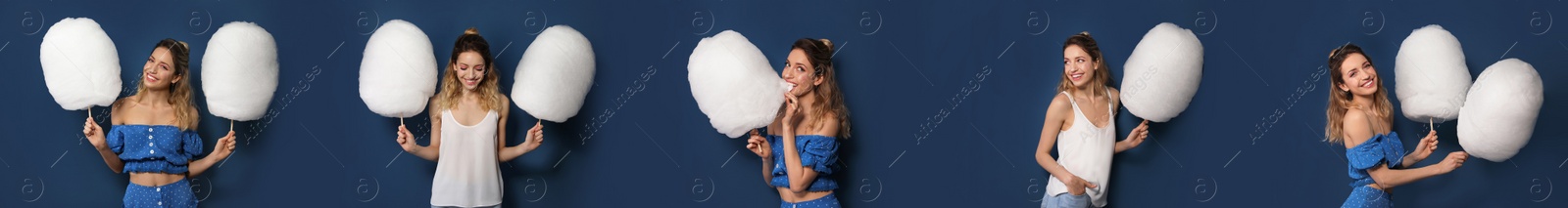 Image of Collage with photos of young woman holding cotton candy on dark blue background. Banner design