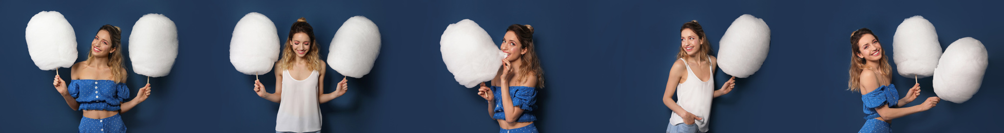 Collage with photos of young woman holding cotton candy on dark blue background. Banner design