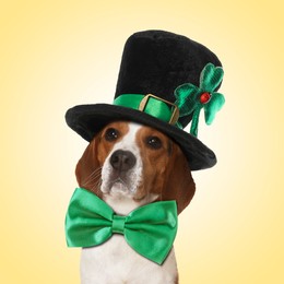 Image of St. Patrick's day celebration. Cute Beagle dog with green bow tie and leprechaun hat on yellow background