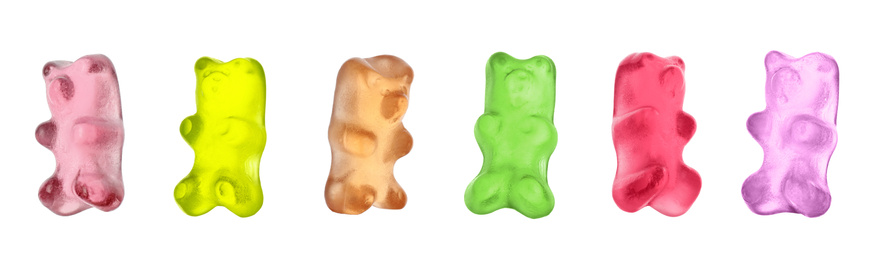 Image of Set with delicious jelly bears on white background. Banner design