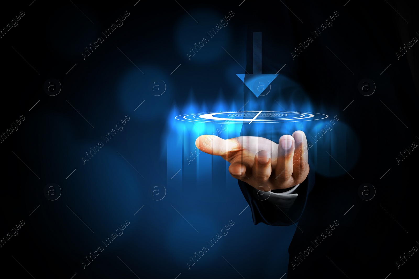 Image of Businessman holding digital target against dark background, closeup. Space for text