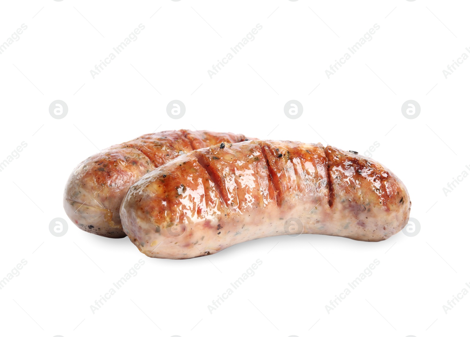 Photo of Tasty fresh grilled sausages isolated on white