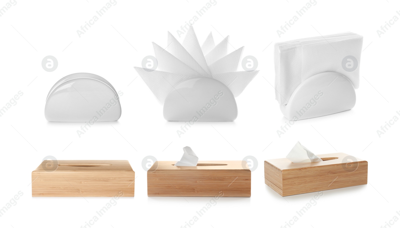 Image of Set of different modern napkin holders on white background