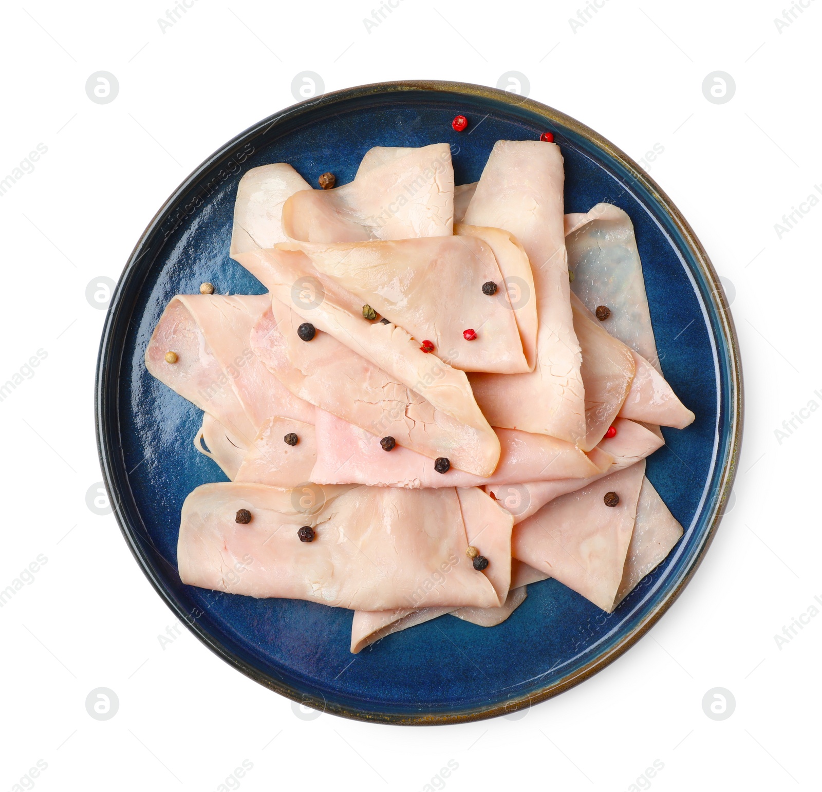 Photo of Delicious ham slices with peppercorns isolated on white, top view