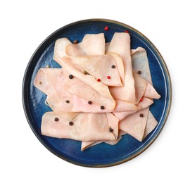 Photo of Delicious ham slices with peppercorns isolated on white, top view