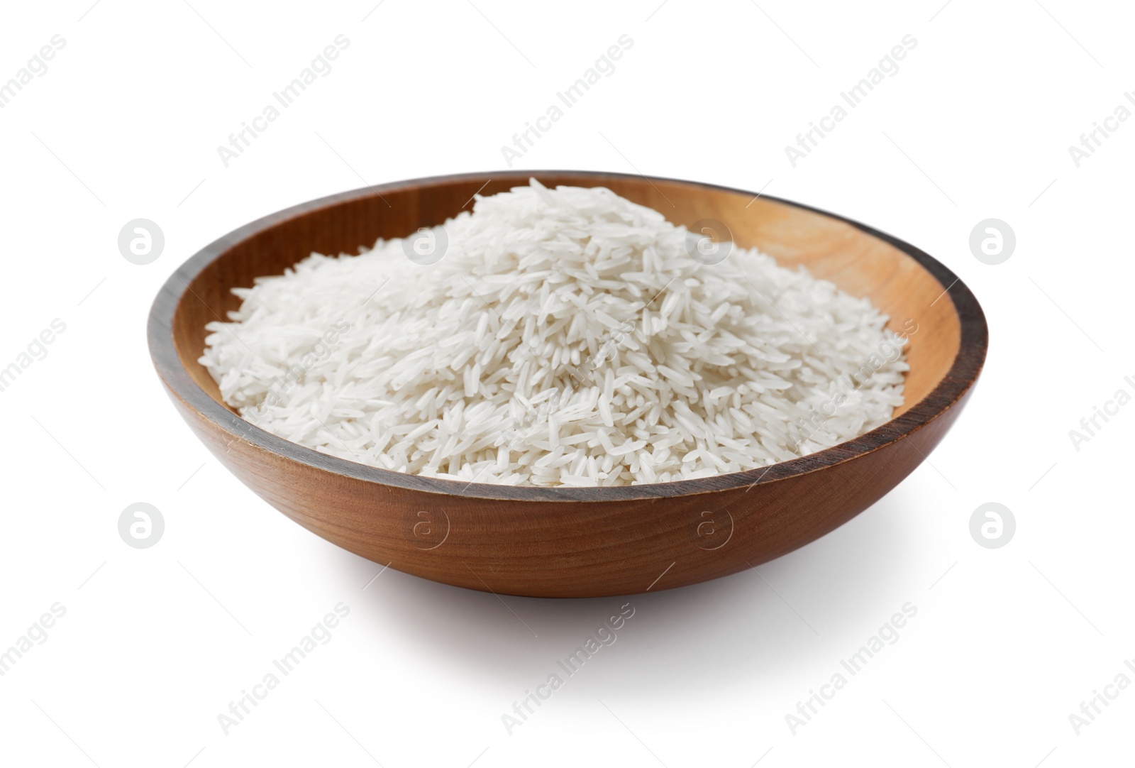 Photo of Raw basmati rice in bowl isolated on white