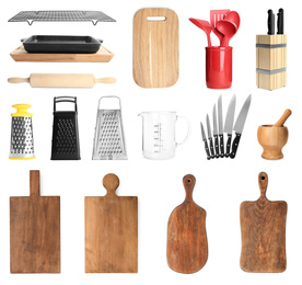 Set with different cooking utensils on white background