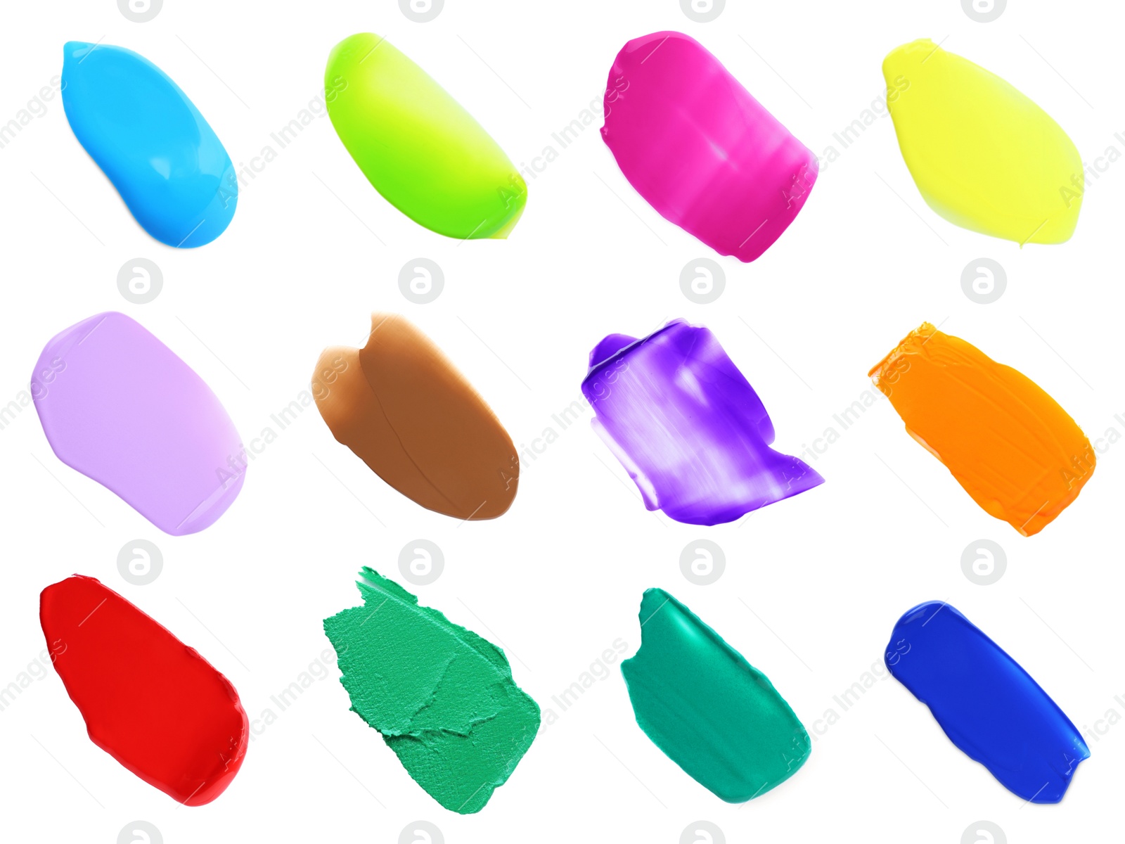 Image of Set with paint samples of different colors isolated on white, top view