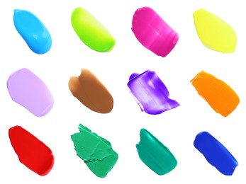 Image of Set with paint samples of different colors isolated on white, top view