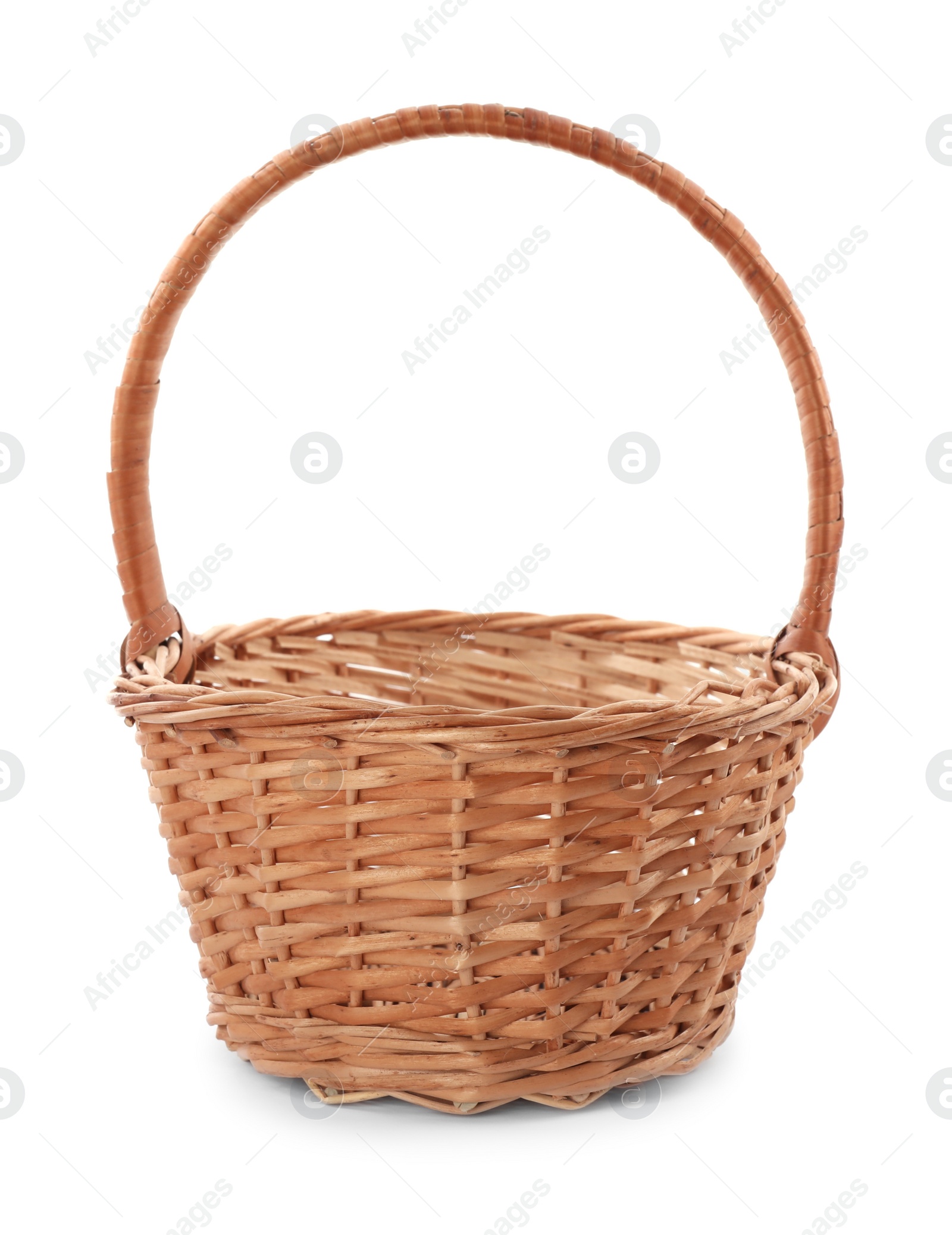 Photo of Empty decorative wicker basket isolated on white