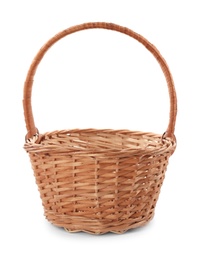 Photo of Empty decorative wicker basket isolated on white