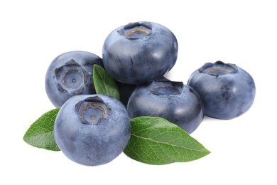 Many fresh ripe blueberries and leaves isolated on white