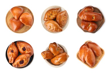 Image of Set with delicious baked patties on white background, top view