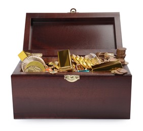 Wooden treasure chest with gold bars, coins, jewelry and gemstones isolated on white