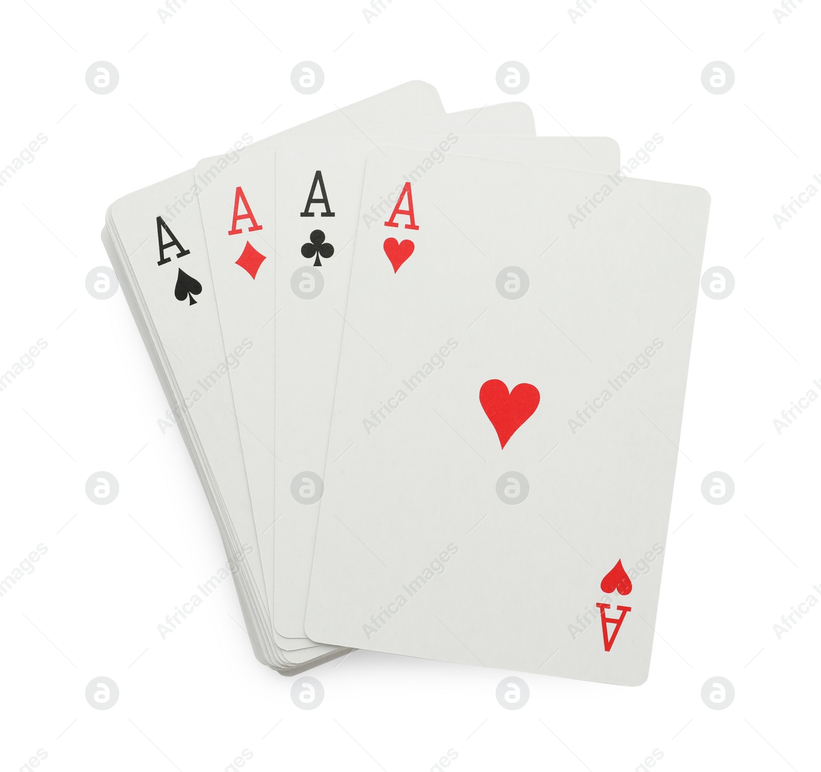 Photo of Four aces playing cards isolated on white, top view. Poker game