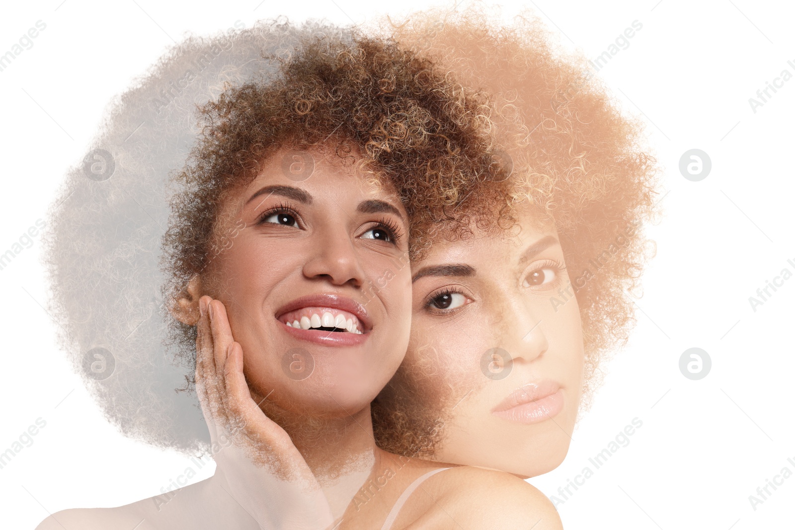 Image of Double exposure of beautiful young woman on white background