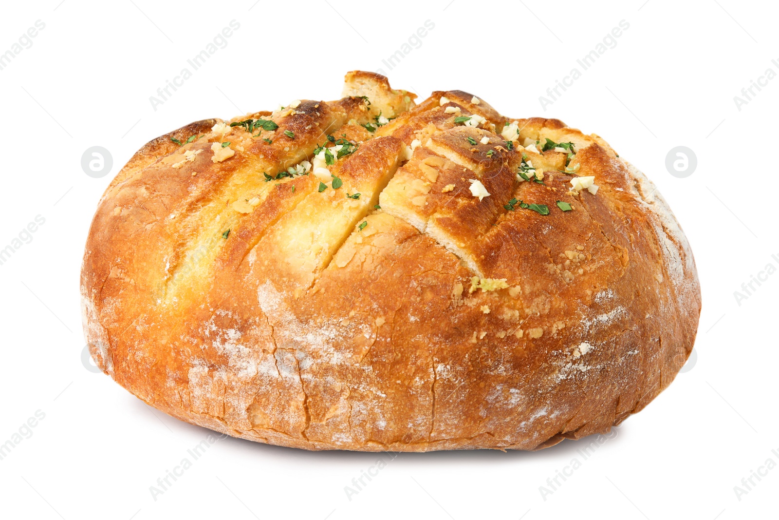 Photo of Tasty homemade garlic bread with herbs isolated on white