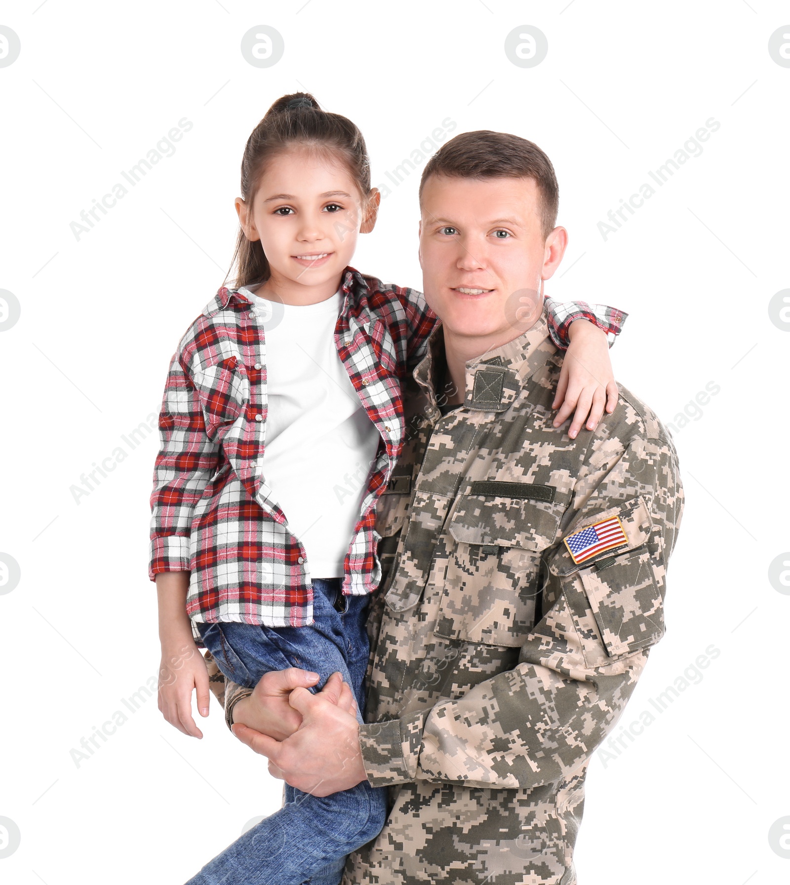 Photo of Male soldier with his daughter on white background. Military service