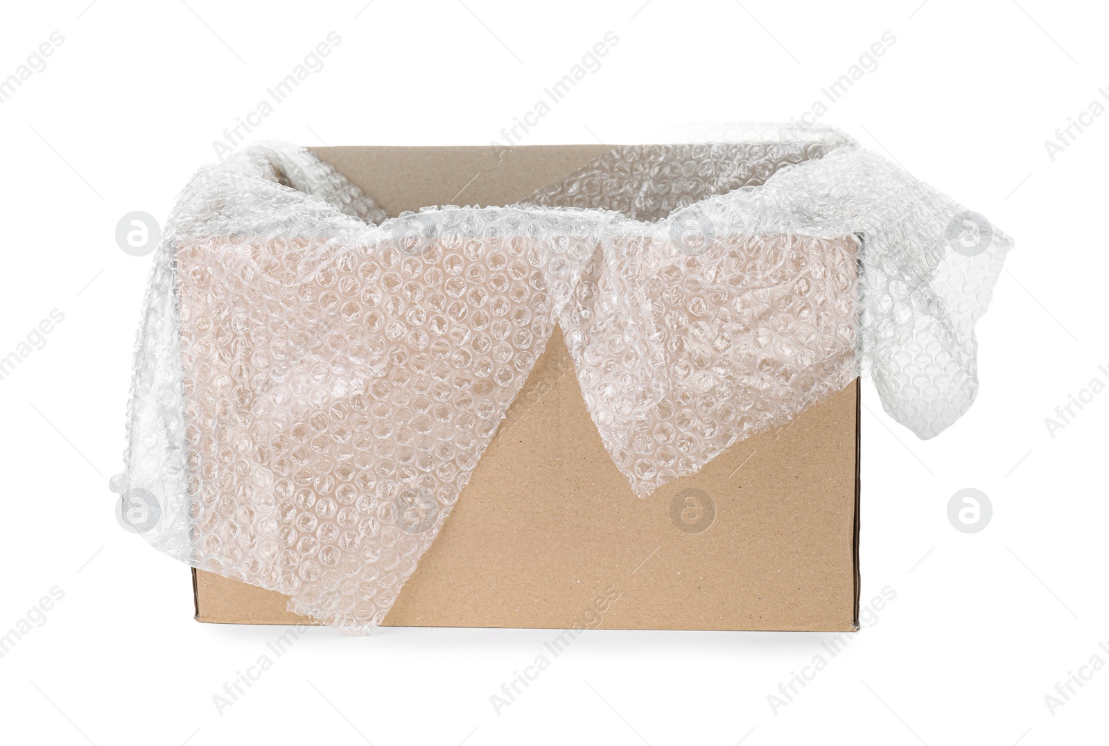 Photo of Transparent bubble wrap in cardboard box isolated on white