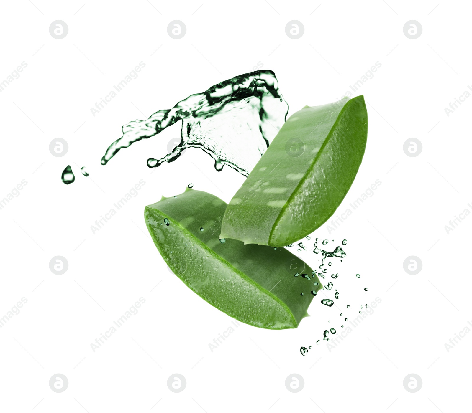 Image of Sliced aloe vera leaf and splashes of juice on white background