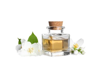 Photo of Jasmine essential oil and fresh flowers on white background