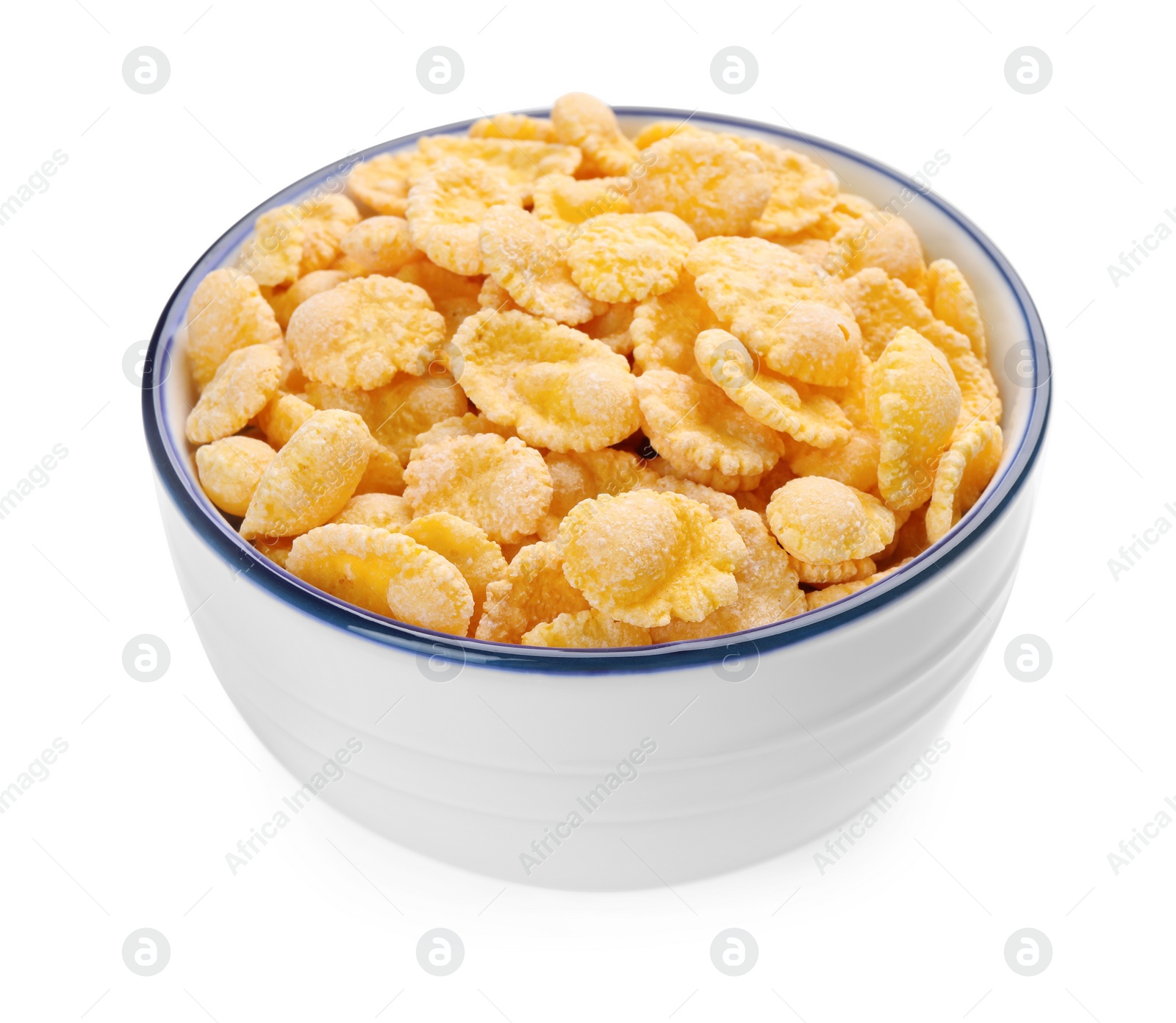 Photo of Bowl of tasty corn flakes isolated on white