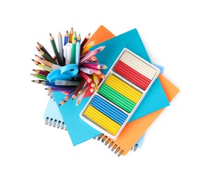Photo of Different school stationery on white background, top view. Back to school