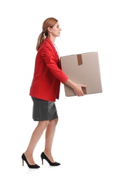 Photo of Full length portrait of woman carrying carton box on white background. Posture concept