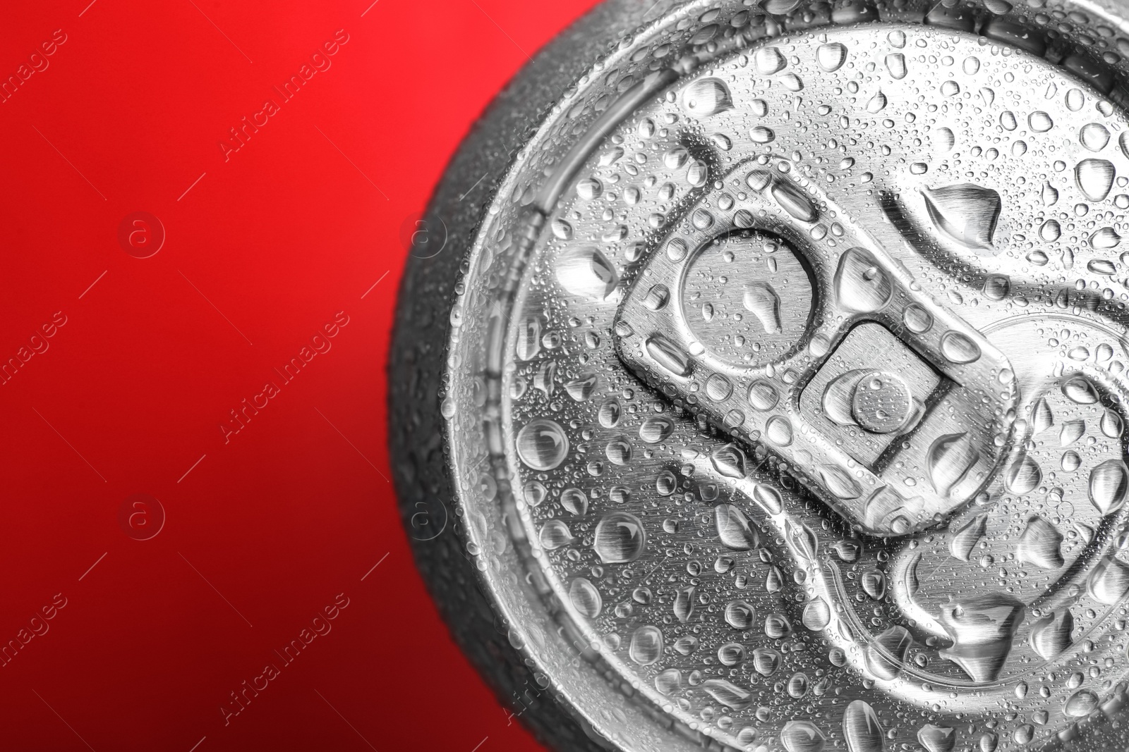 Photo of Wet closed can on red background, closeup. Space for text