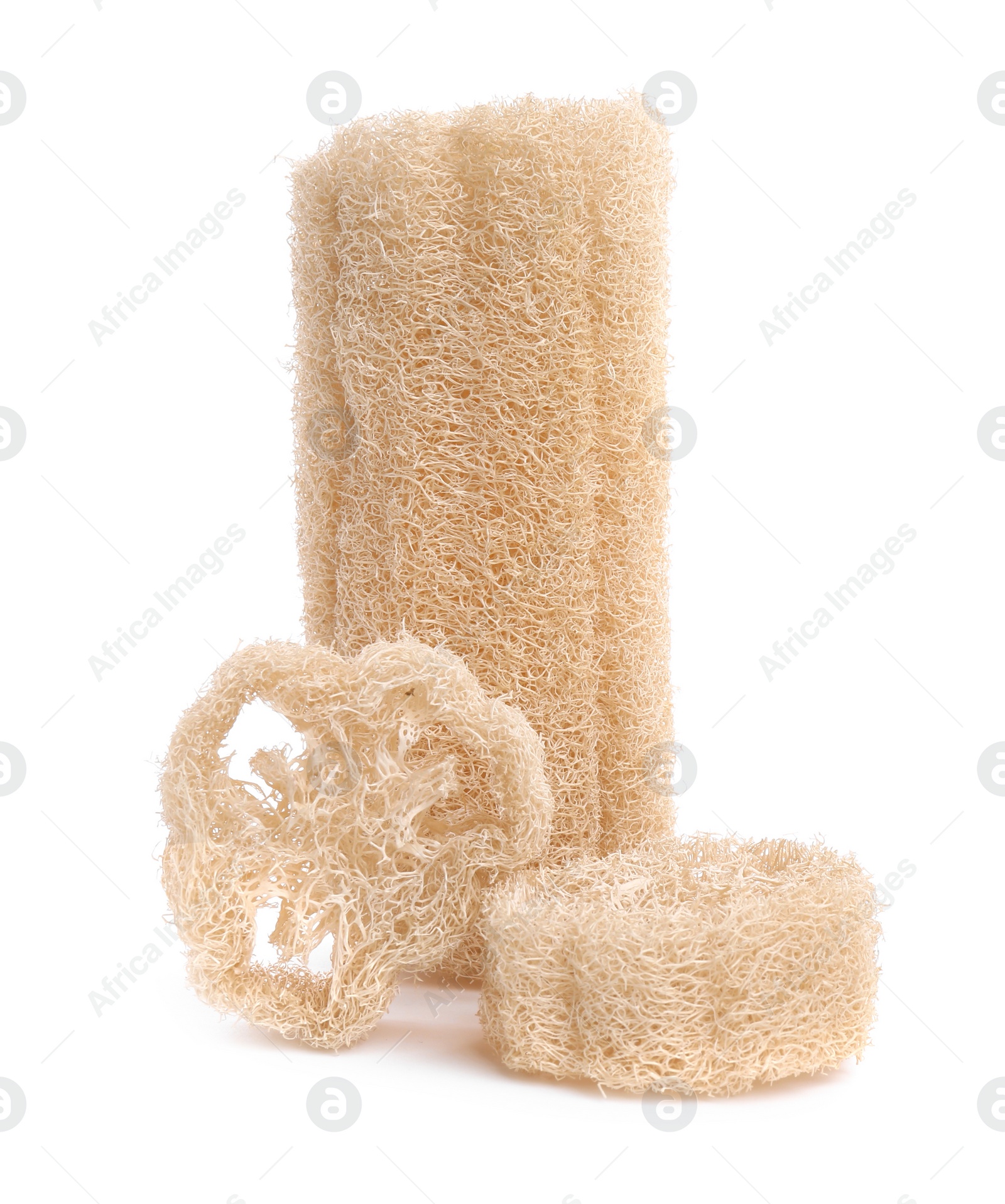 Photo of Loofah sponges isolated on white. Personal hygiene product