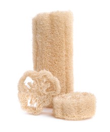 Loofah sponges isolated on white. Personal hygiene product