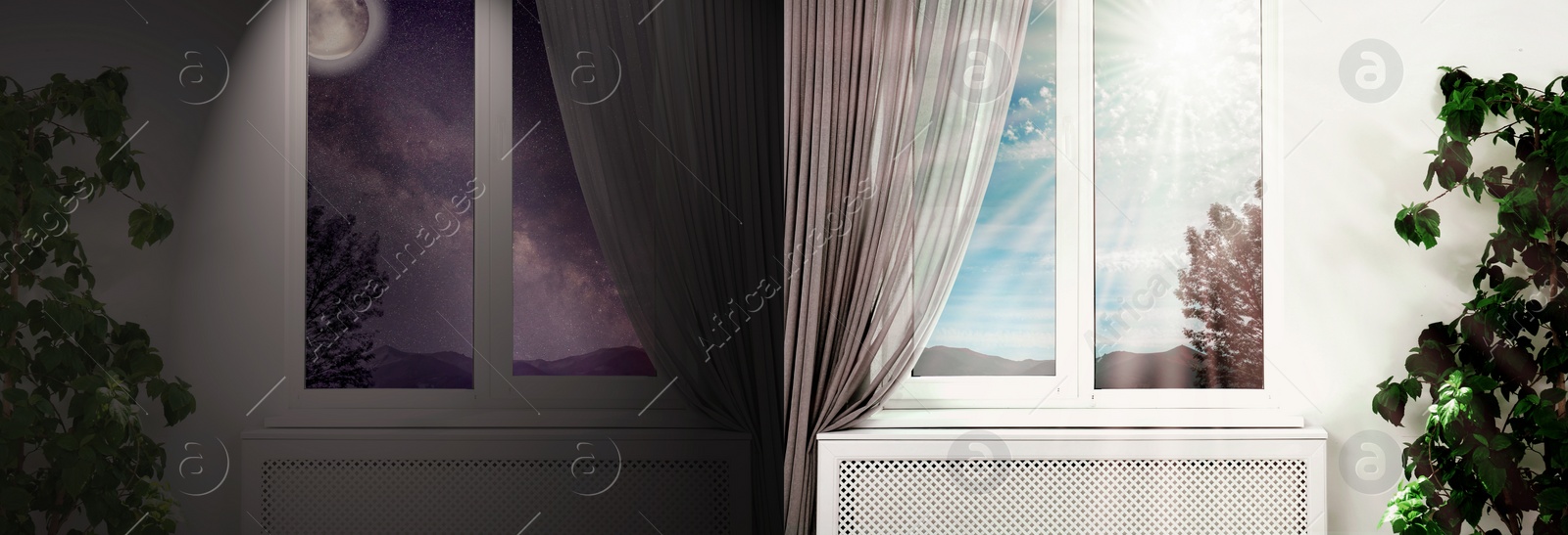 Image of Beautiful view of sky through windows in day and night, collage