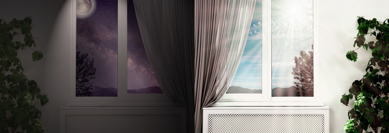 Image of Beautiful view of sky through windows in day and night, collage