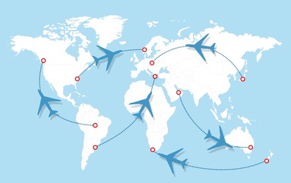 Illustration of Flight routs map with airplanes on it, illustration 
