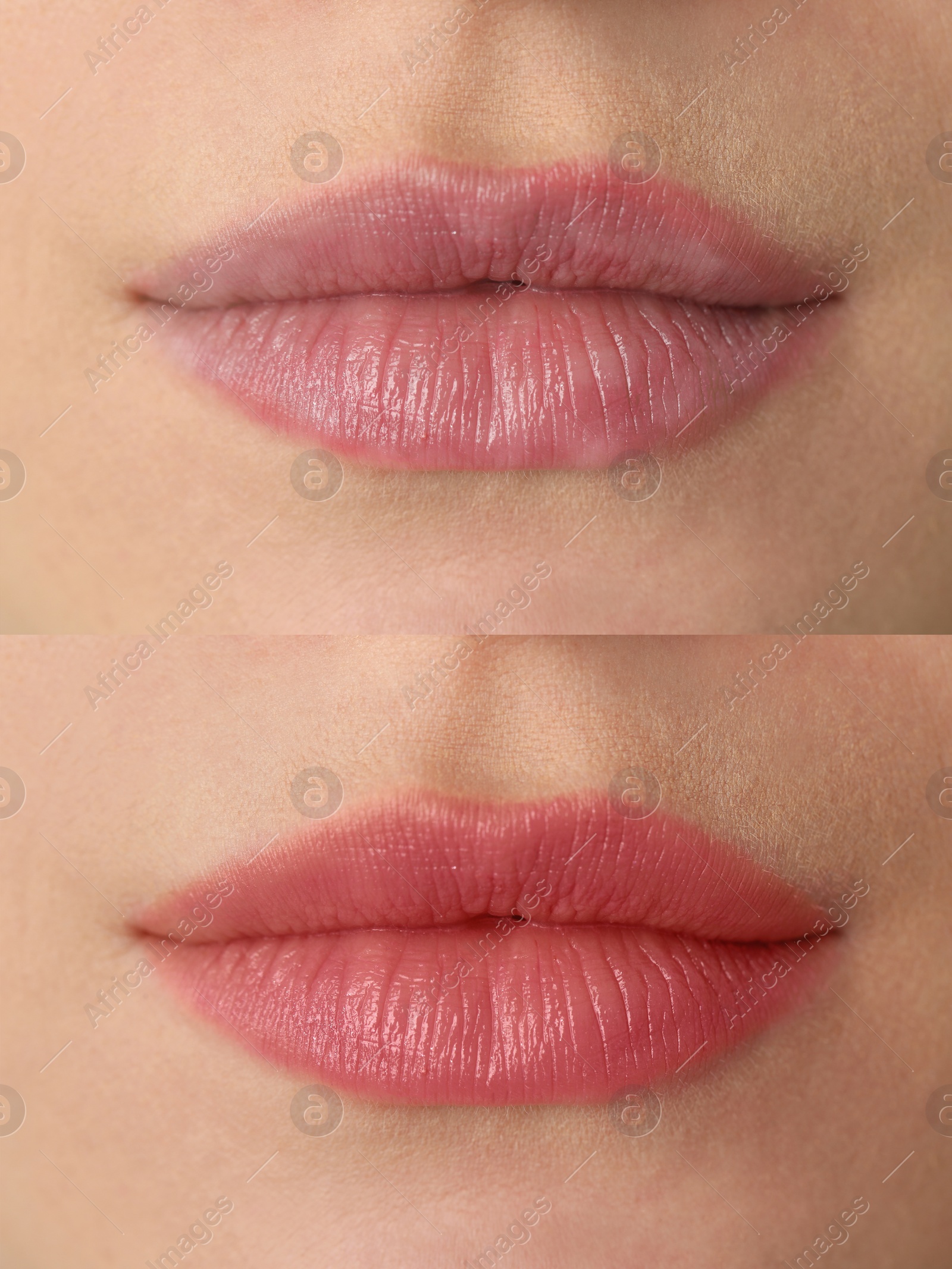 Image of Collage with photos of young woman before and after permanent lip makeup, closeup