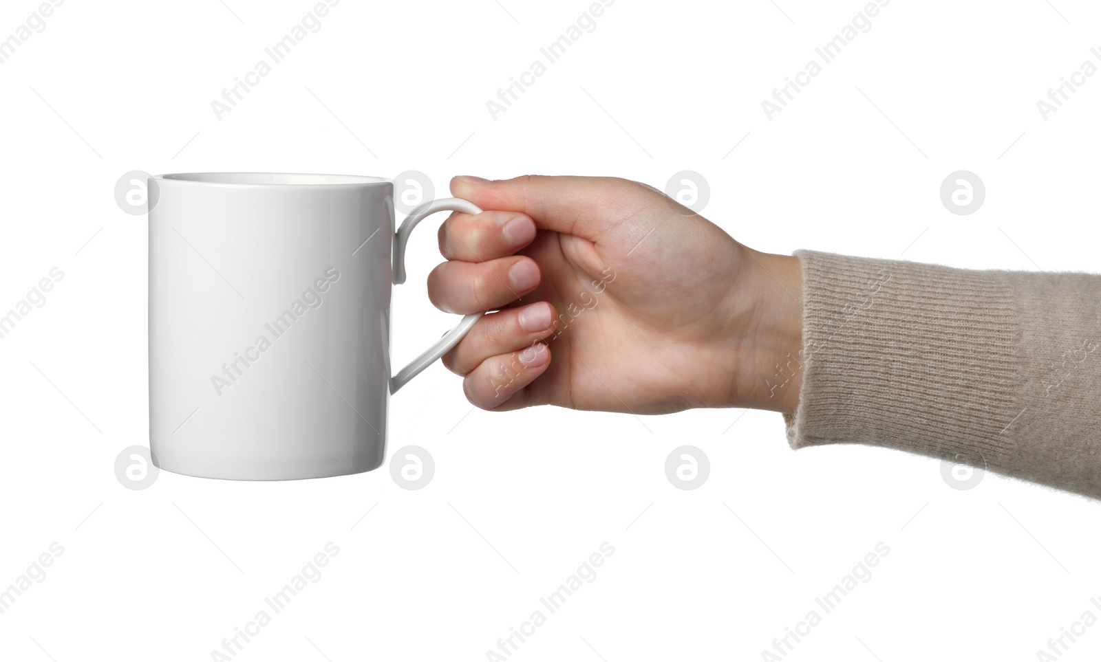 Photo of Woman holding mug on white background, closeup