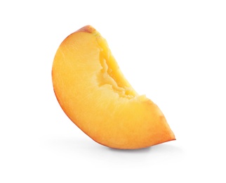 Photo of Slice of sweet juicy peach on white background